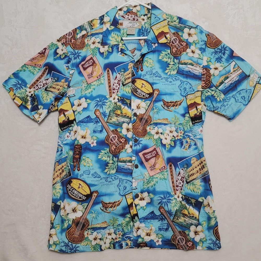 High Surf Shirt Mens XL Blue Hawaiian Short Sleeve Button Front Camp Collar